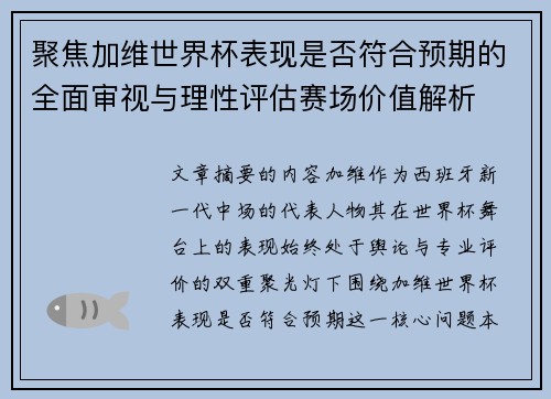 聚焦加维世界杯表现是否符合预期的全面审视与理性评估赛场价值解析