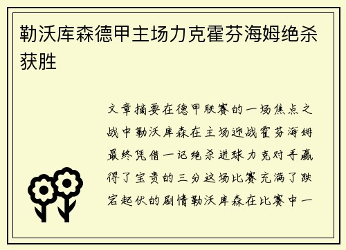 勒沃库森德甲主场力克霍芬海姆绝杀获胜