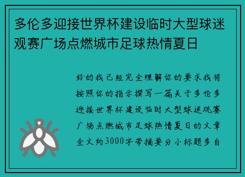 多伦多迎接世界杯建设临时大型球迷观赛广场点燃城市足球热情夏日